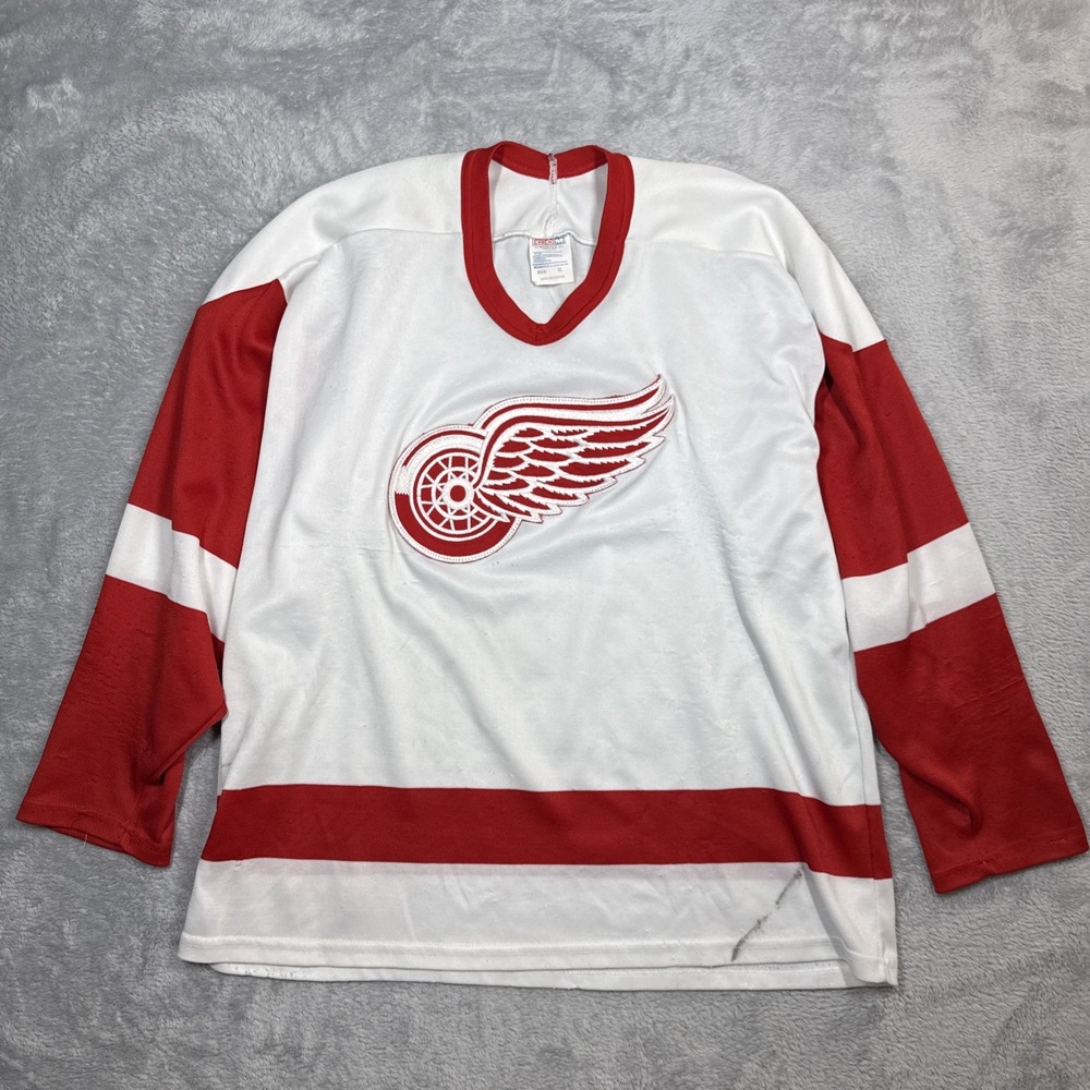 Vintage 90s CCM Detroit Red Wings Jersey White XL NHL Hockey Maska Distressed